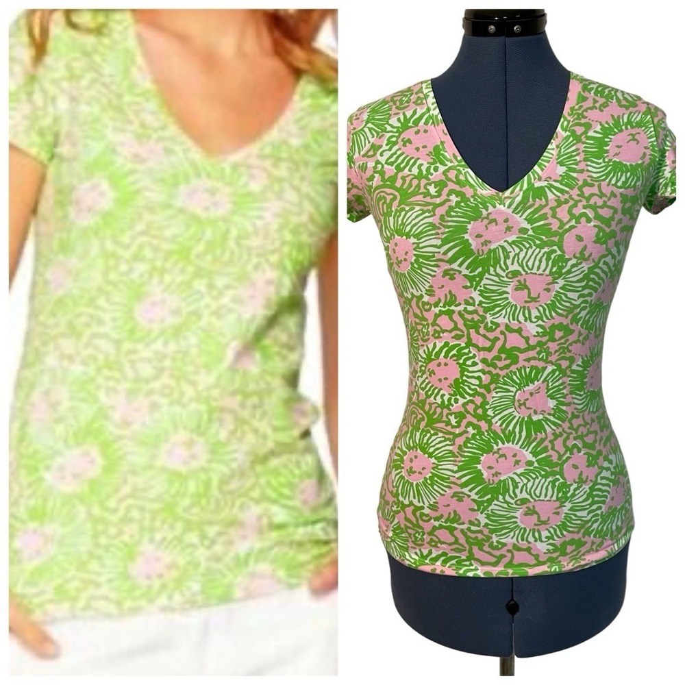 Lilly Pulitzer Michele Top Sunnyside Lion Pink Green Cap Sleeve Beach Preppy XS